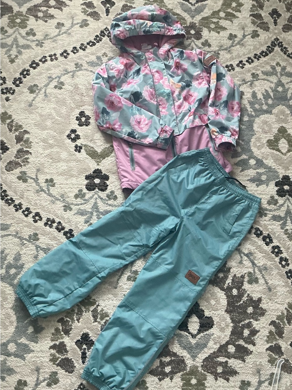 deux par deux Girls Floral Hooded Raincoat and Teal Rain Pants